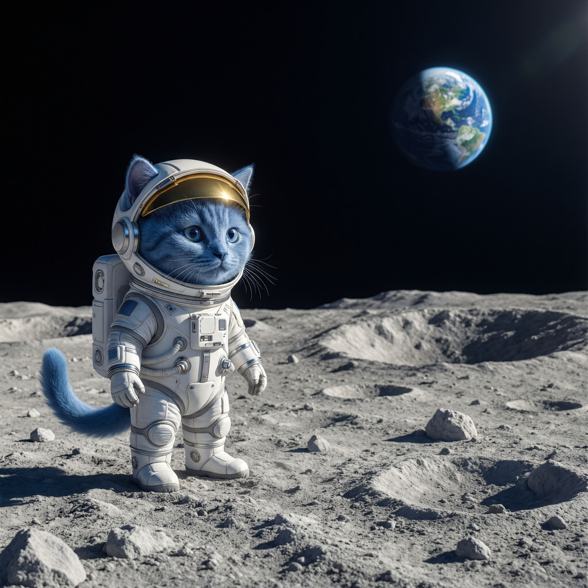 A blue cat astronaut standing on the moon, Earth i...