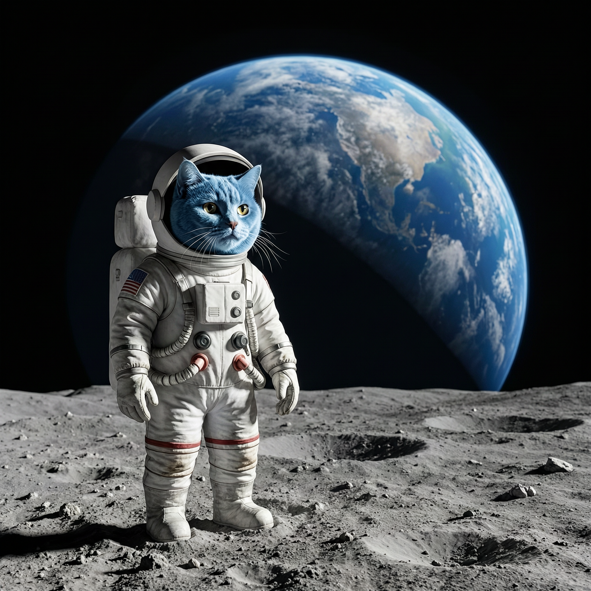 A blue cat astronaut standing on the moon, Earth i...