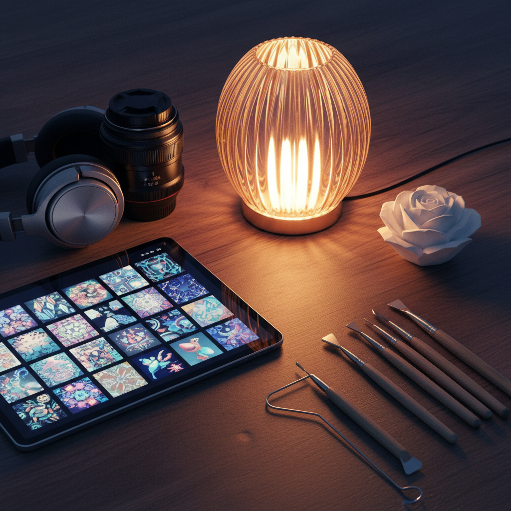 A sophisticated creator dashboard still life: a cr...