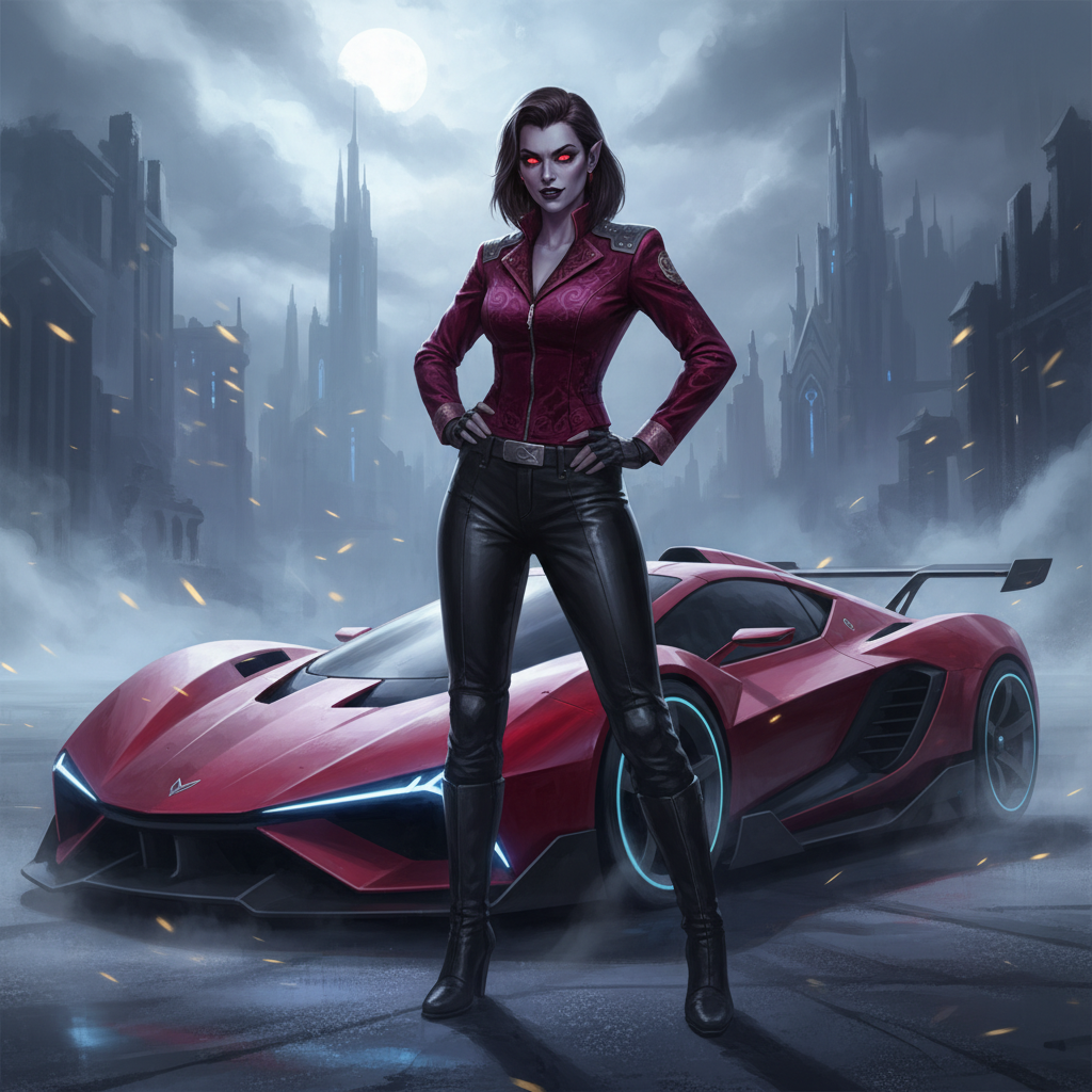 Cinematic dark glam poster of an adult female vamp...
