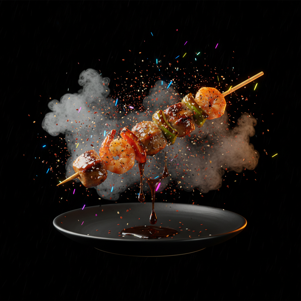 Futuristic night-market skewer poster
