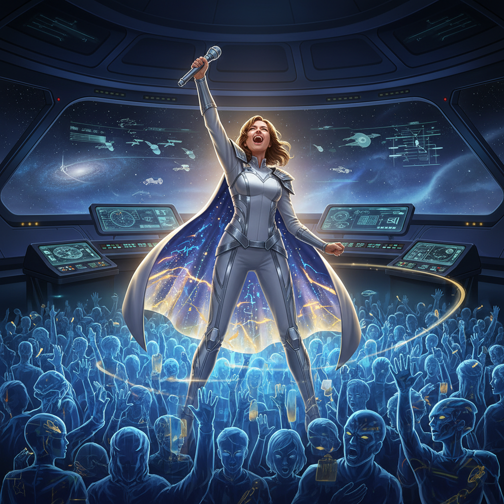 AAA space opera key art of an adult female idol co...