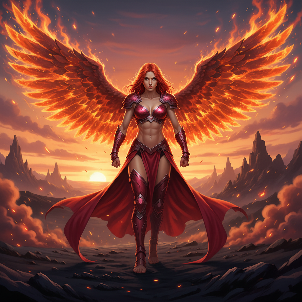 Vibrant fantasy poster of an adult female phoenix ...