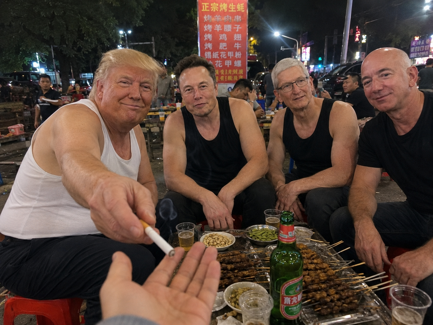 超写实手机随手拍风格,夜晚中国街头路边烧烤摊,Donald Trump、Elon Musk、Tim Cook、Jeff Bezos 穿着白色背心和黑色背心,坐在塑料小凳上一起撸串喝啤酒,桌上摆满烤串、花生、啤酒瓶、小菜和一次性塑料杯,Donald Trump 坐在左侧,面带轻松微笑,主动伸手向主机位(第一人称视角)递来一根香烟,画面中能看到主机位伸出的手准备接烟,其他人自然聊天看向镜头,人物神态放松真实,像老朋友夜宵聚会一样随意,路边夜市灯光,真实中国市井烟