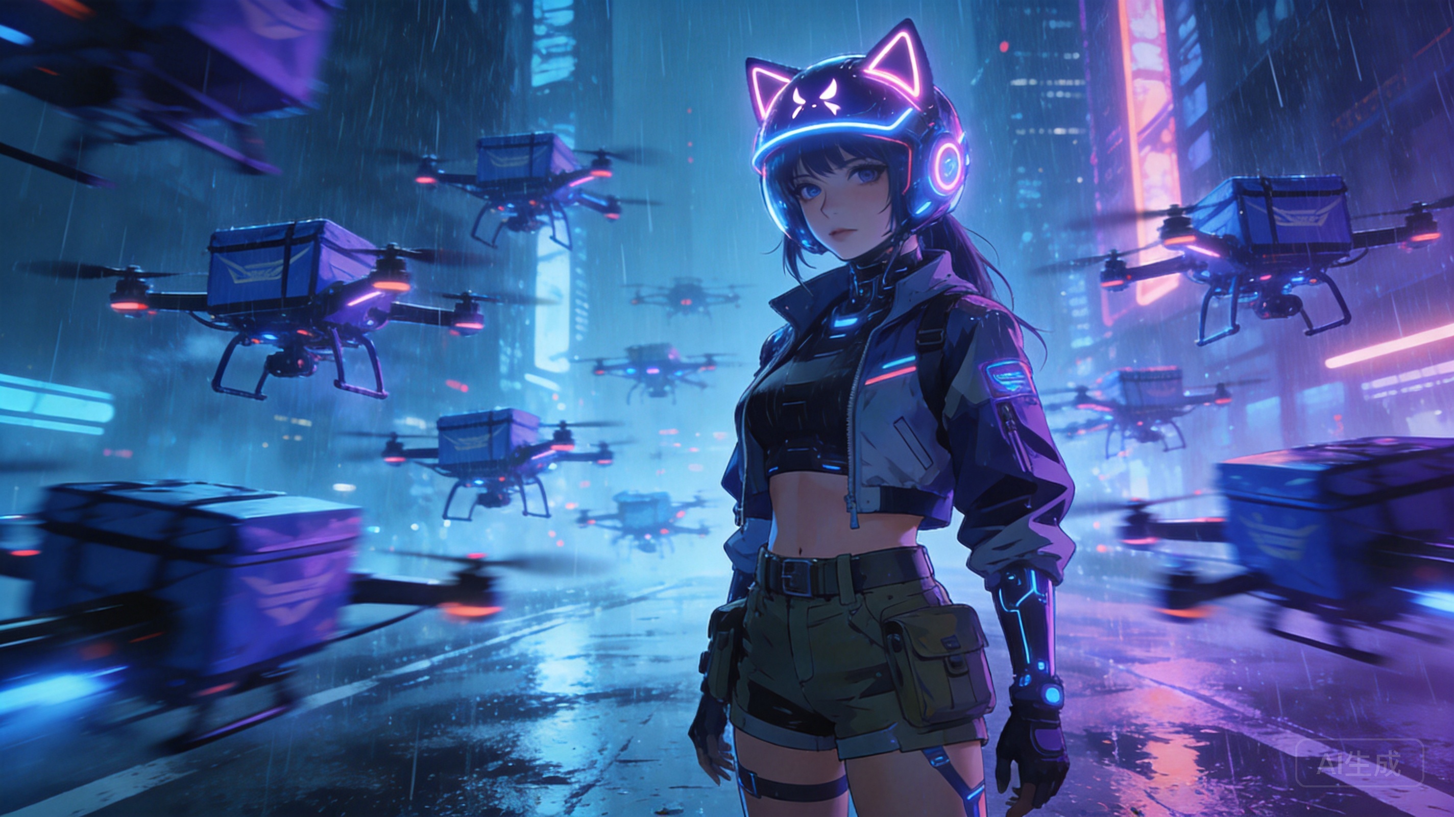 Adult cyber catgirl courier, age 21, neon helmet w...