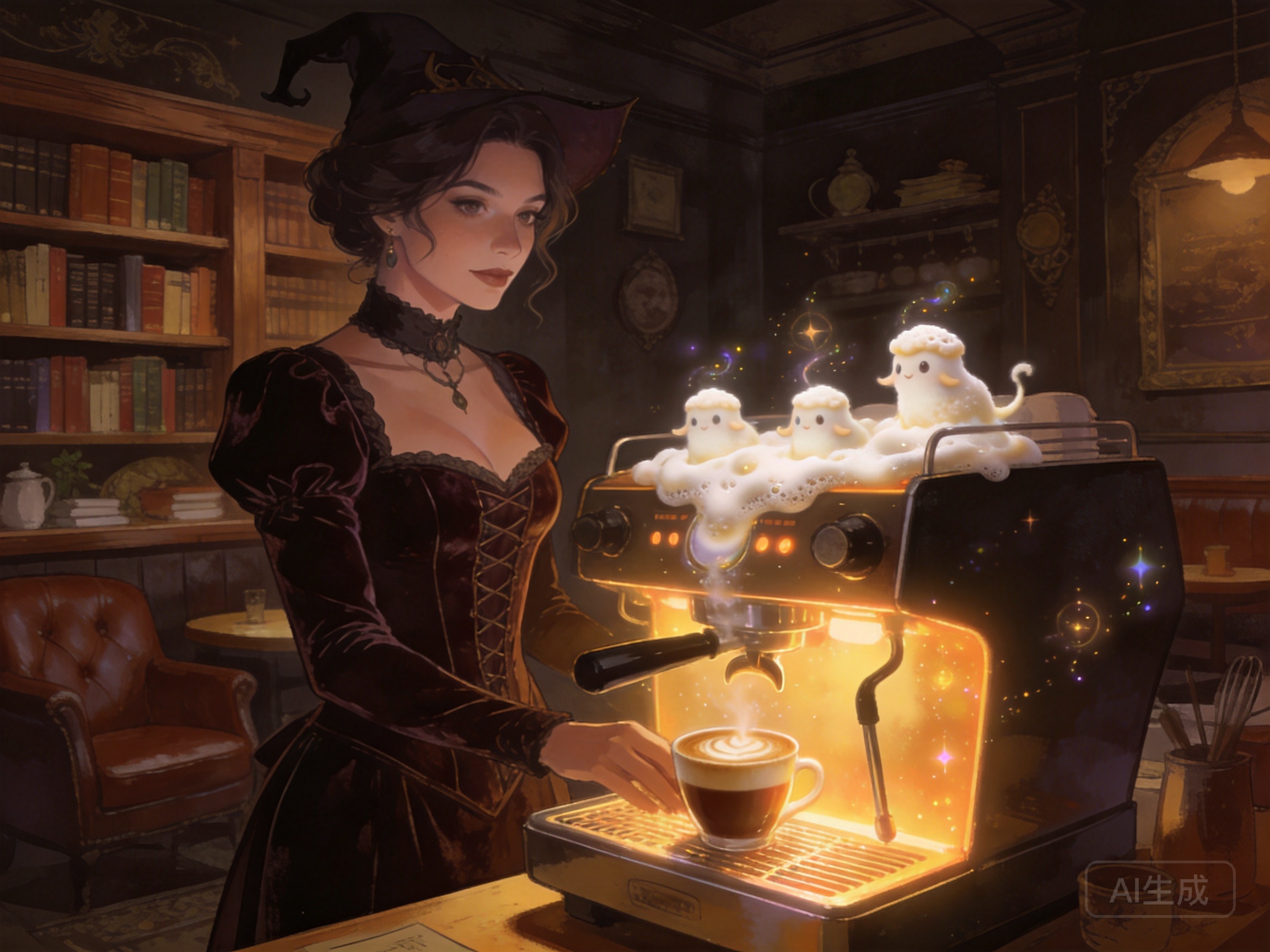 Adult witch cafe owner, age 29, velvet corset-styl...