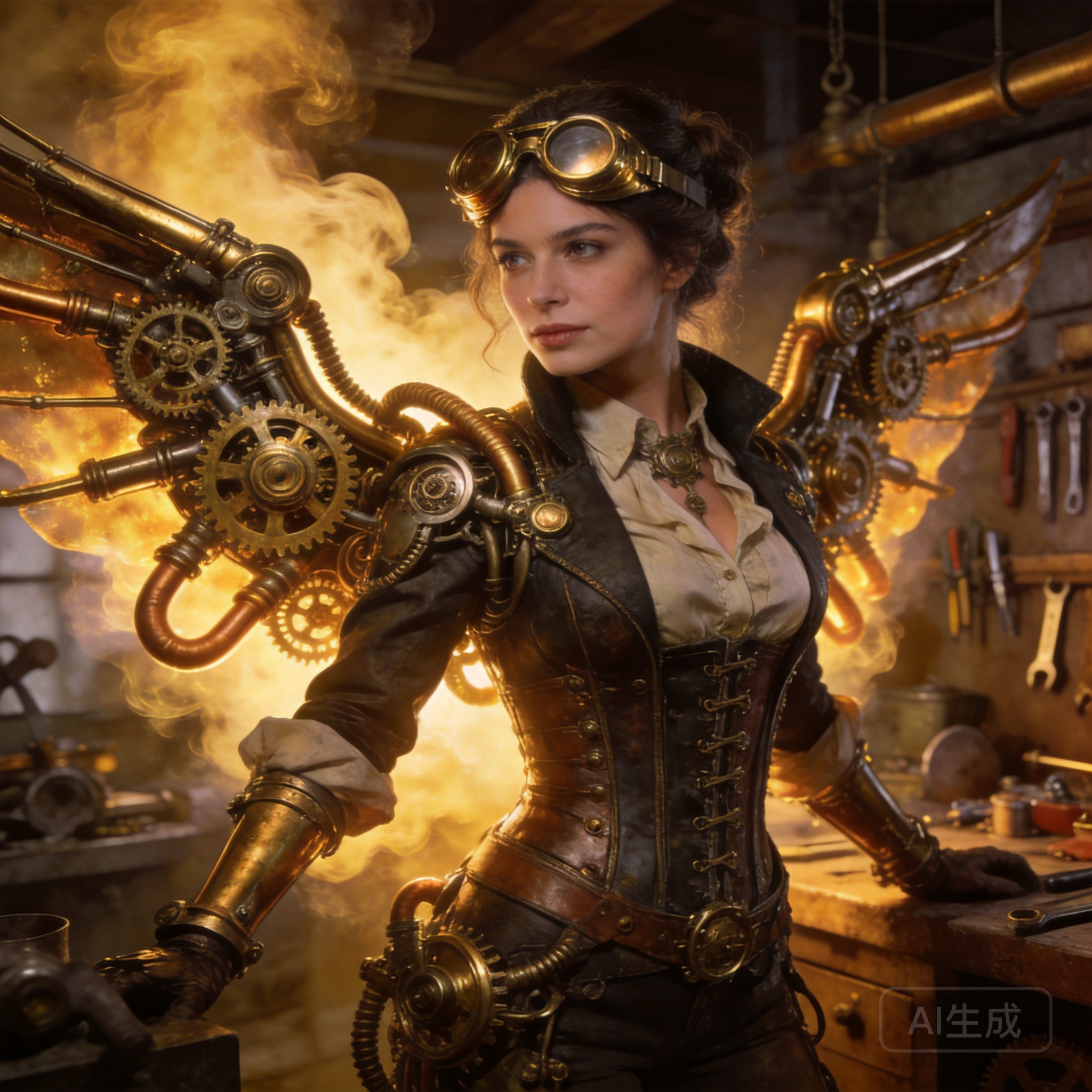 Adult steampunk engineer woman, age 27, brass gogg...