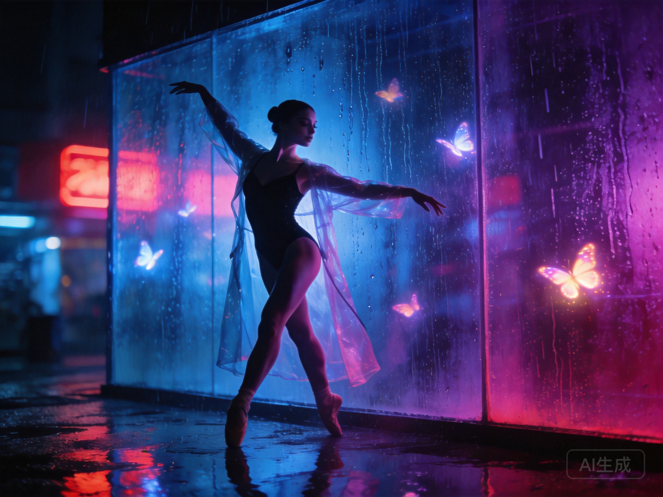 Adult female cyber ballerina, age 25, dancing behi...