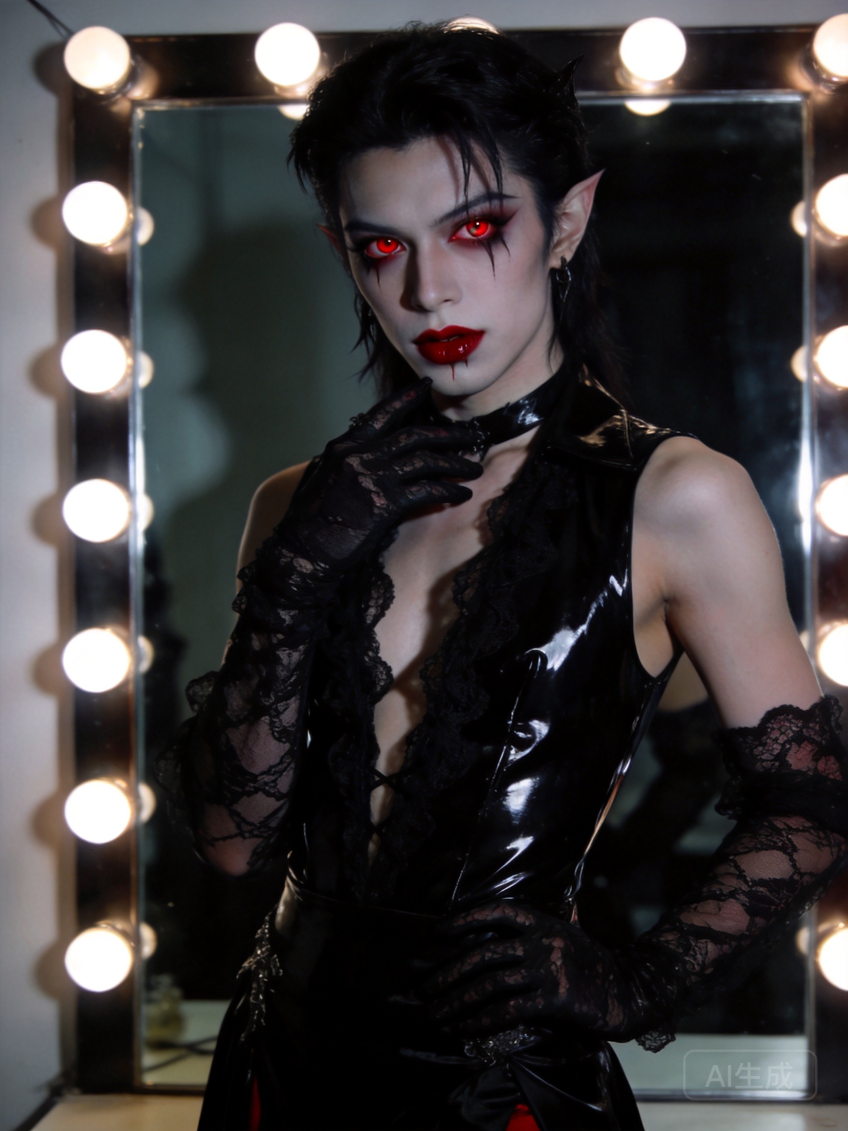 Adult vampire idol backstage portrait, age 25, glo...