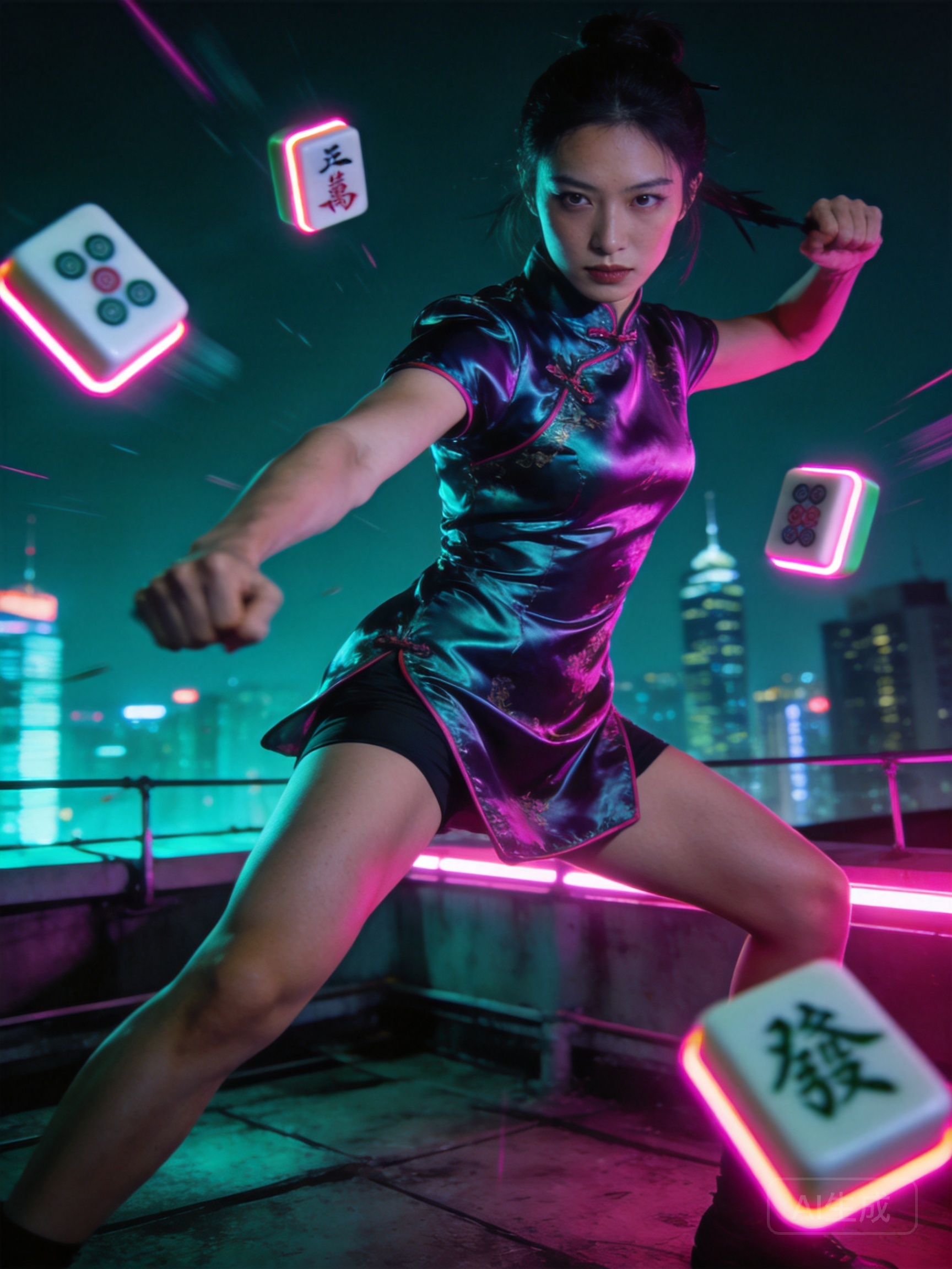 Adult neon mahjong assassin, age 26, satin qipao-i...