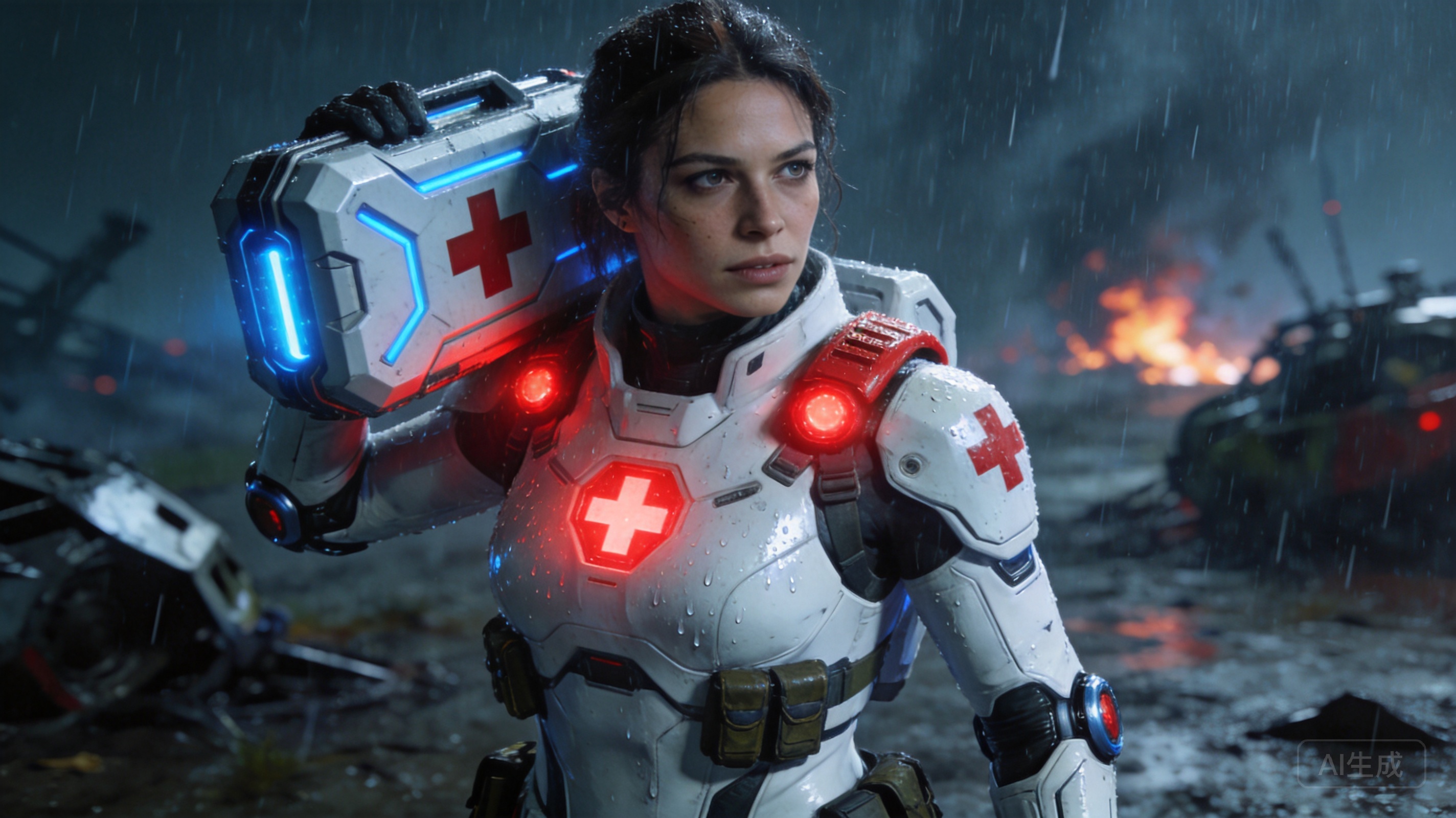 Adult female sci-fi combat medic, age 28, fitted w...