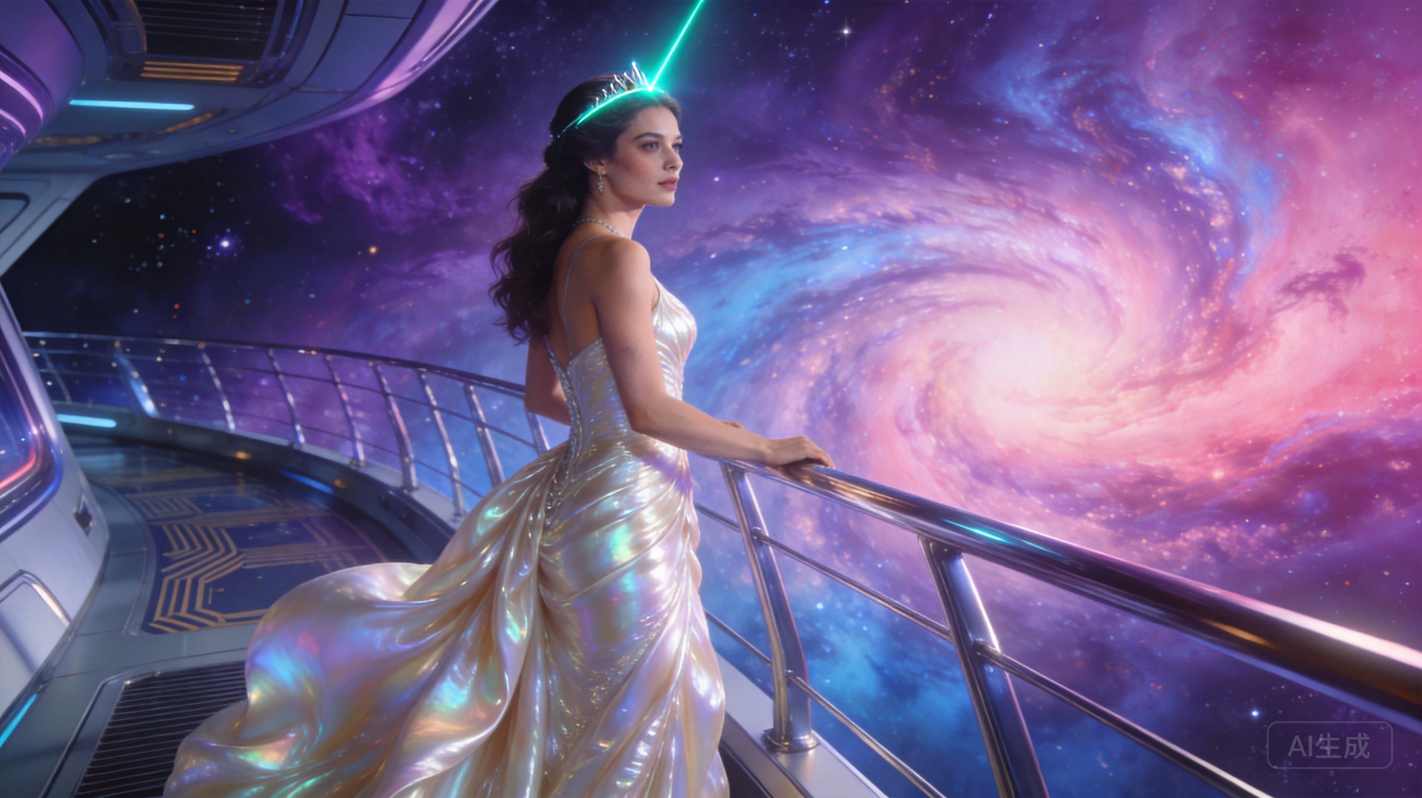 Adult space opera princess, age 28, metallic pearl...
