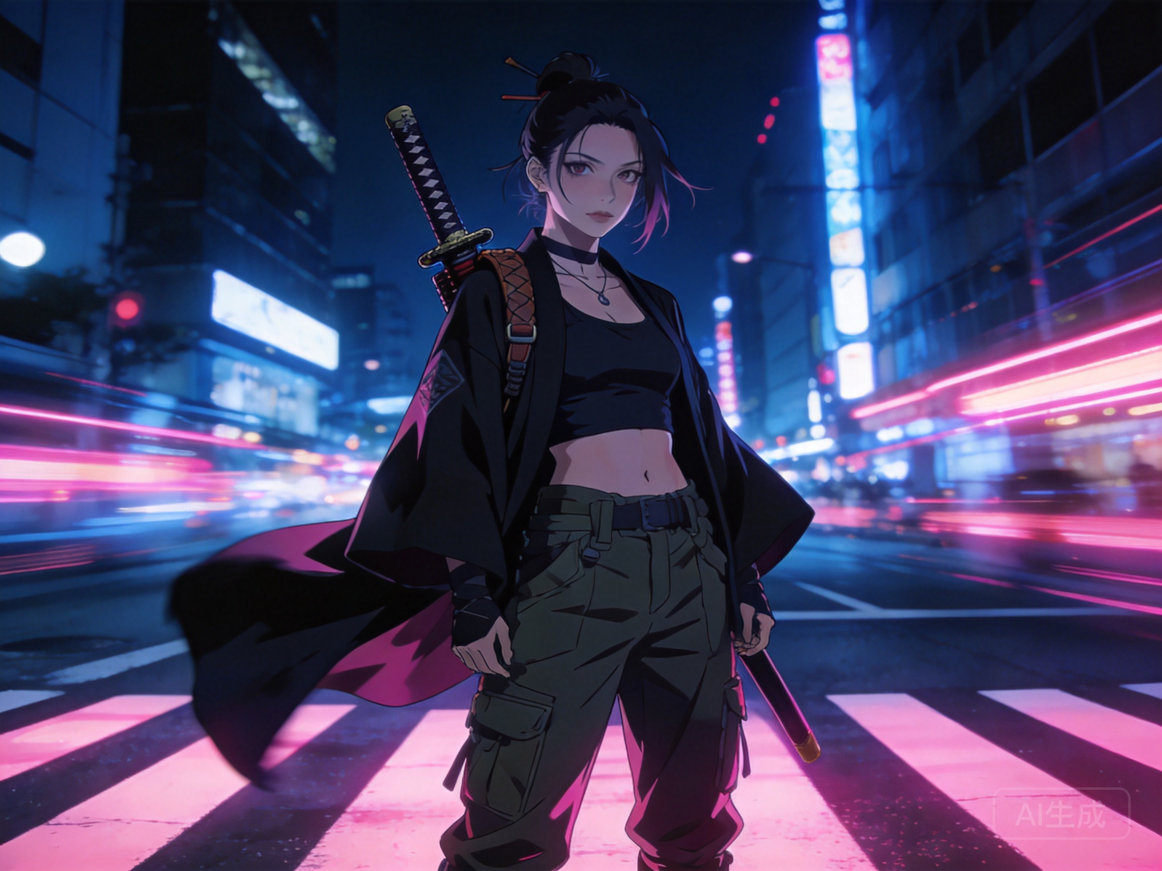 Adult woman samurai streetwear model, age 26, over...