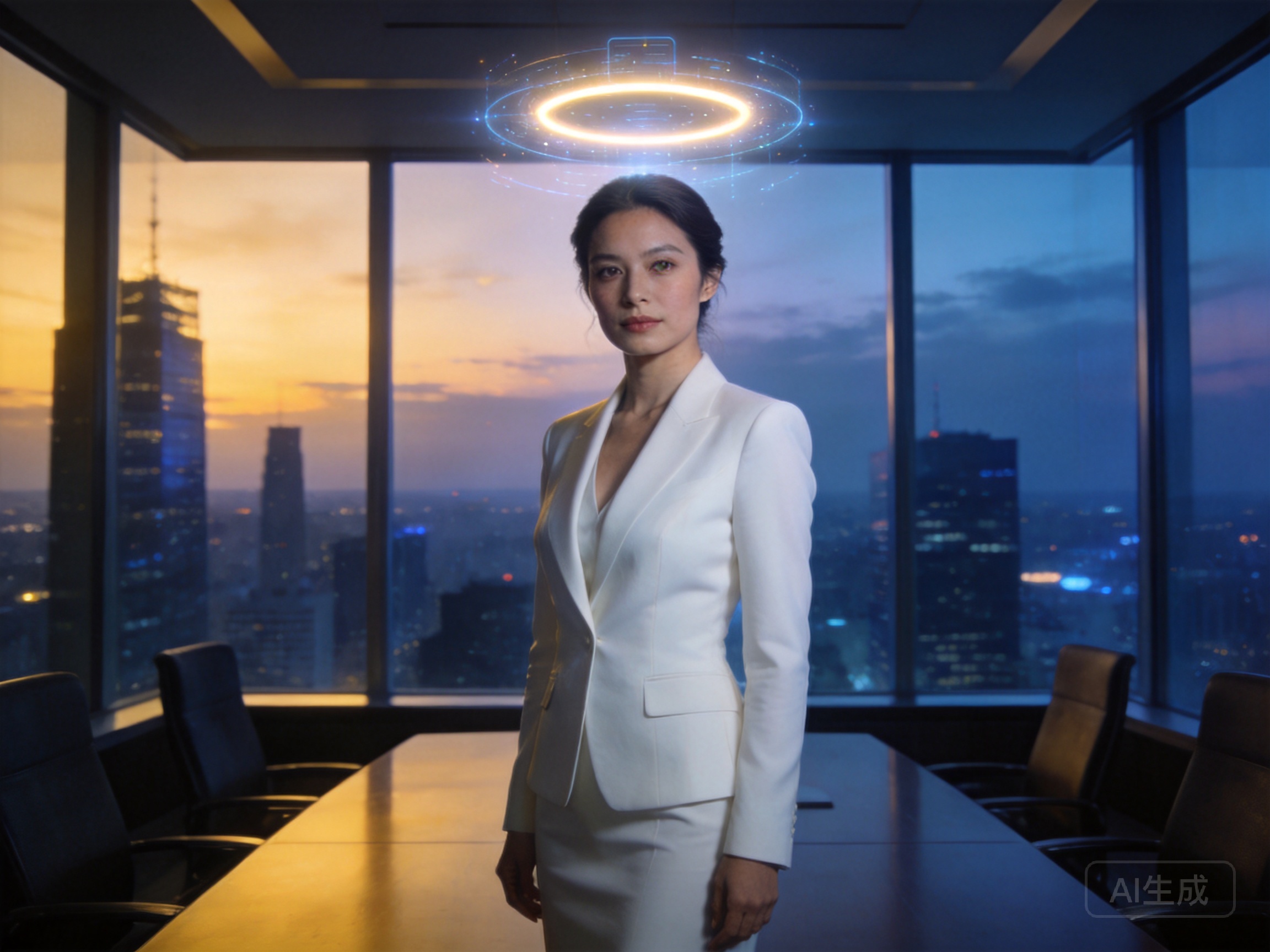 Adult female tech boss styled as modern angel inve...