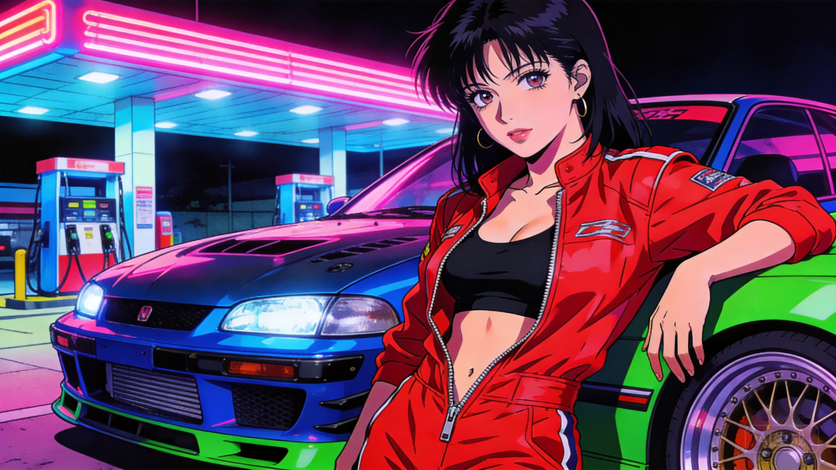 Adult female retro anime racer, age 22, red racing...