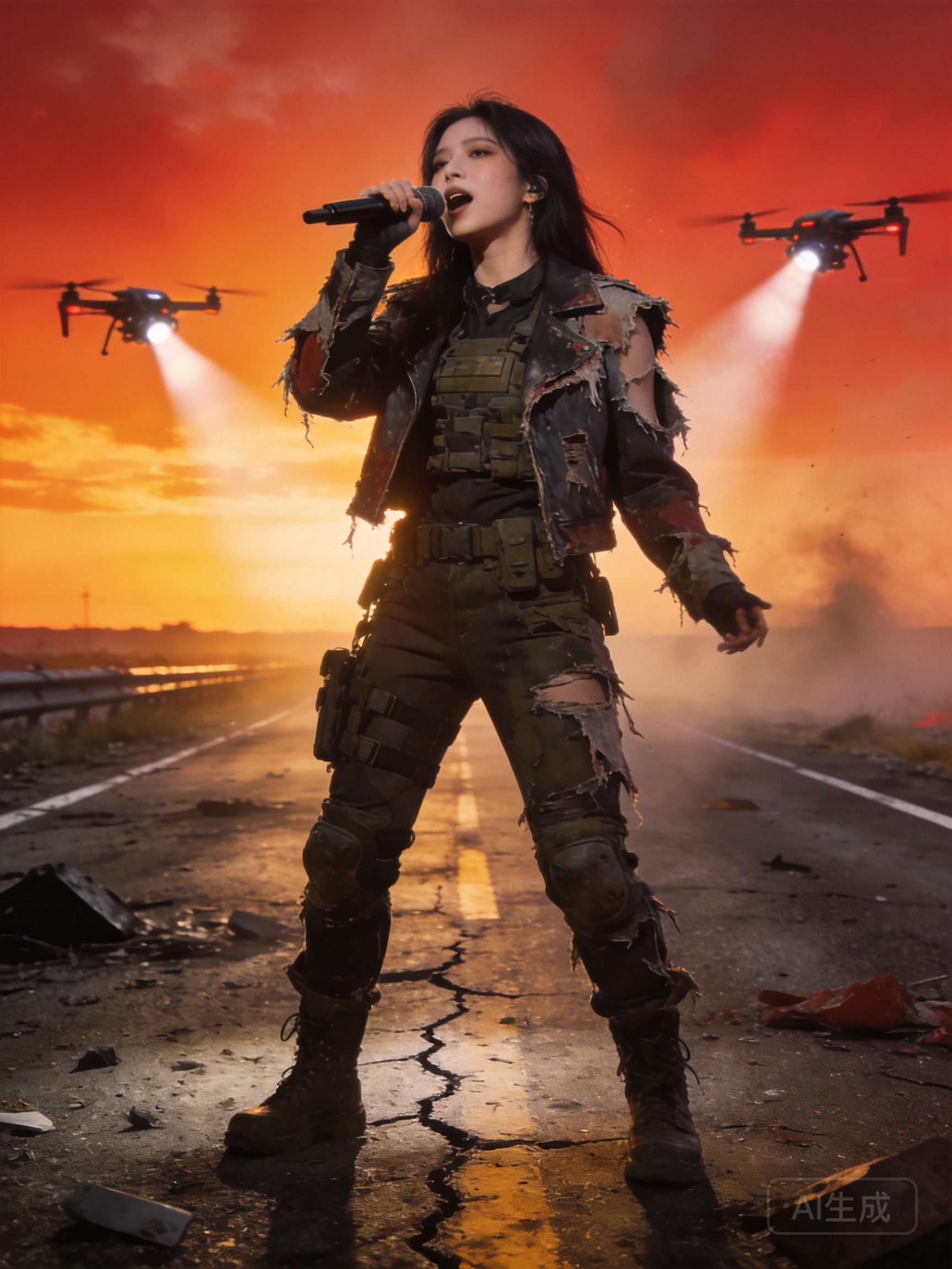 Adult female post-apocalyptic idol, age 23, torn s...