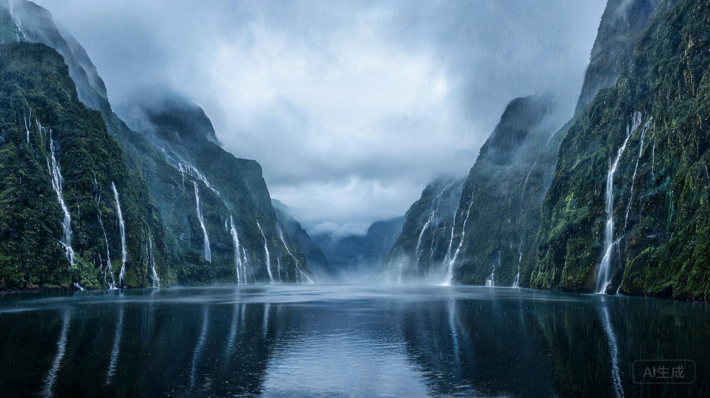 Ultra-realistic dramatic rain photograph of Milfor...