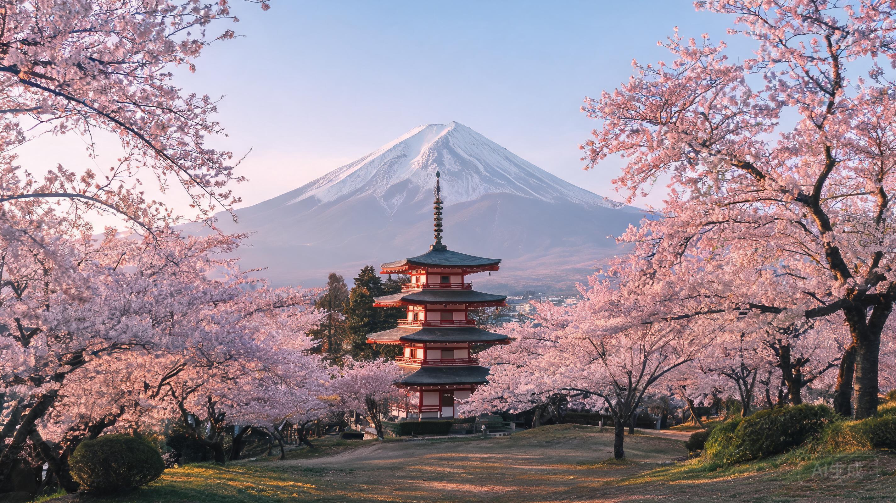Ultra-realistic dawn photograph of Mount Fuji behi...