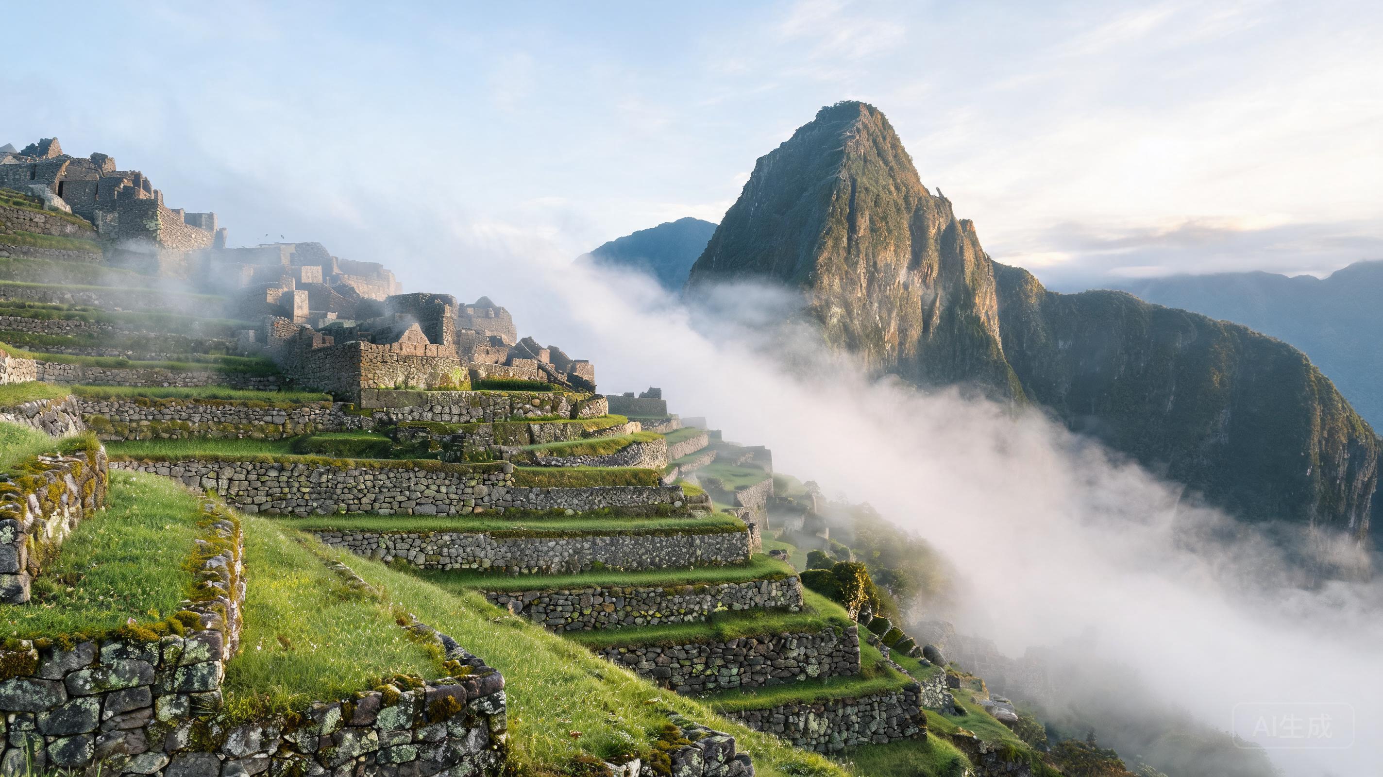 Ultra-realistic morning photograph of Machu Picchu...