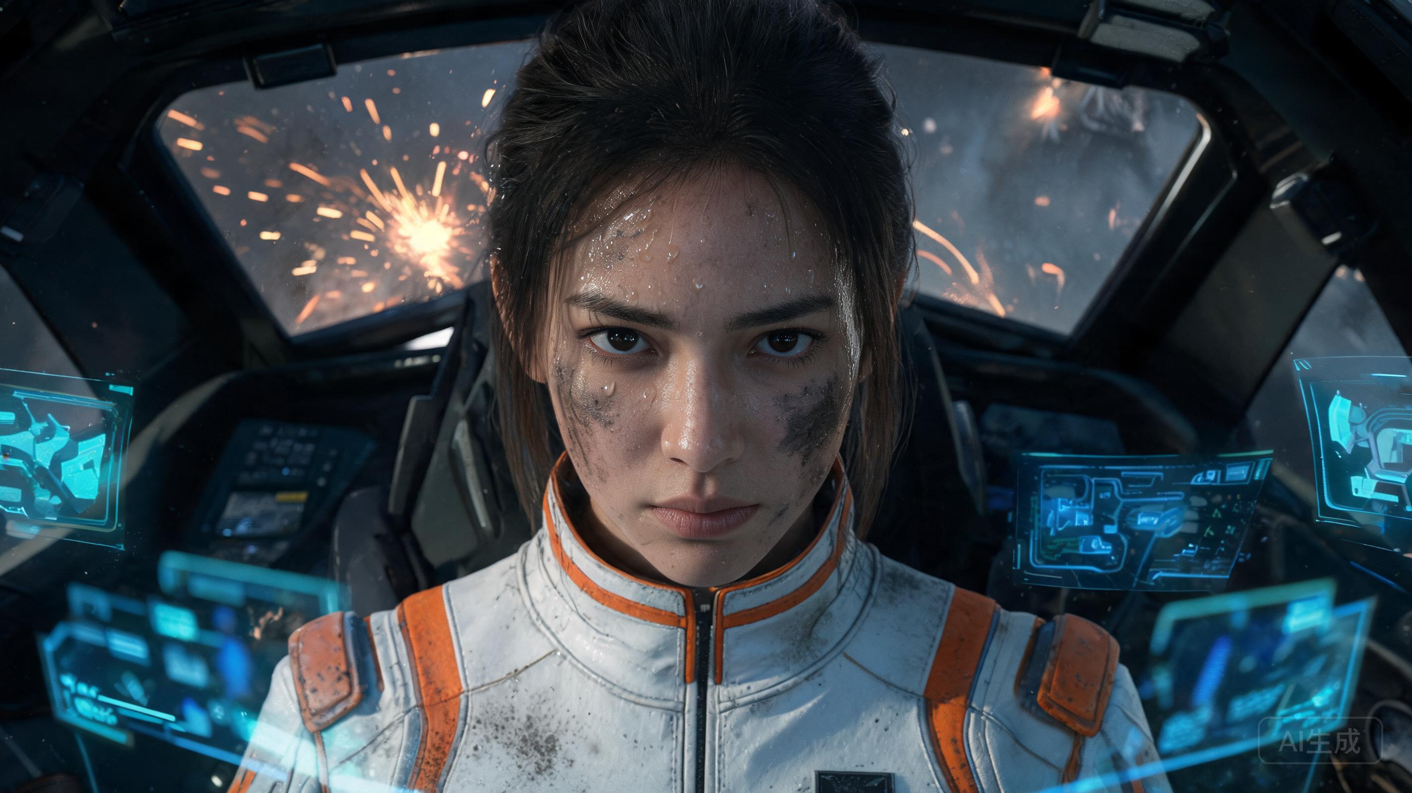 AAA sci-fi movie still of an adult female mecha pi...