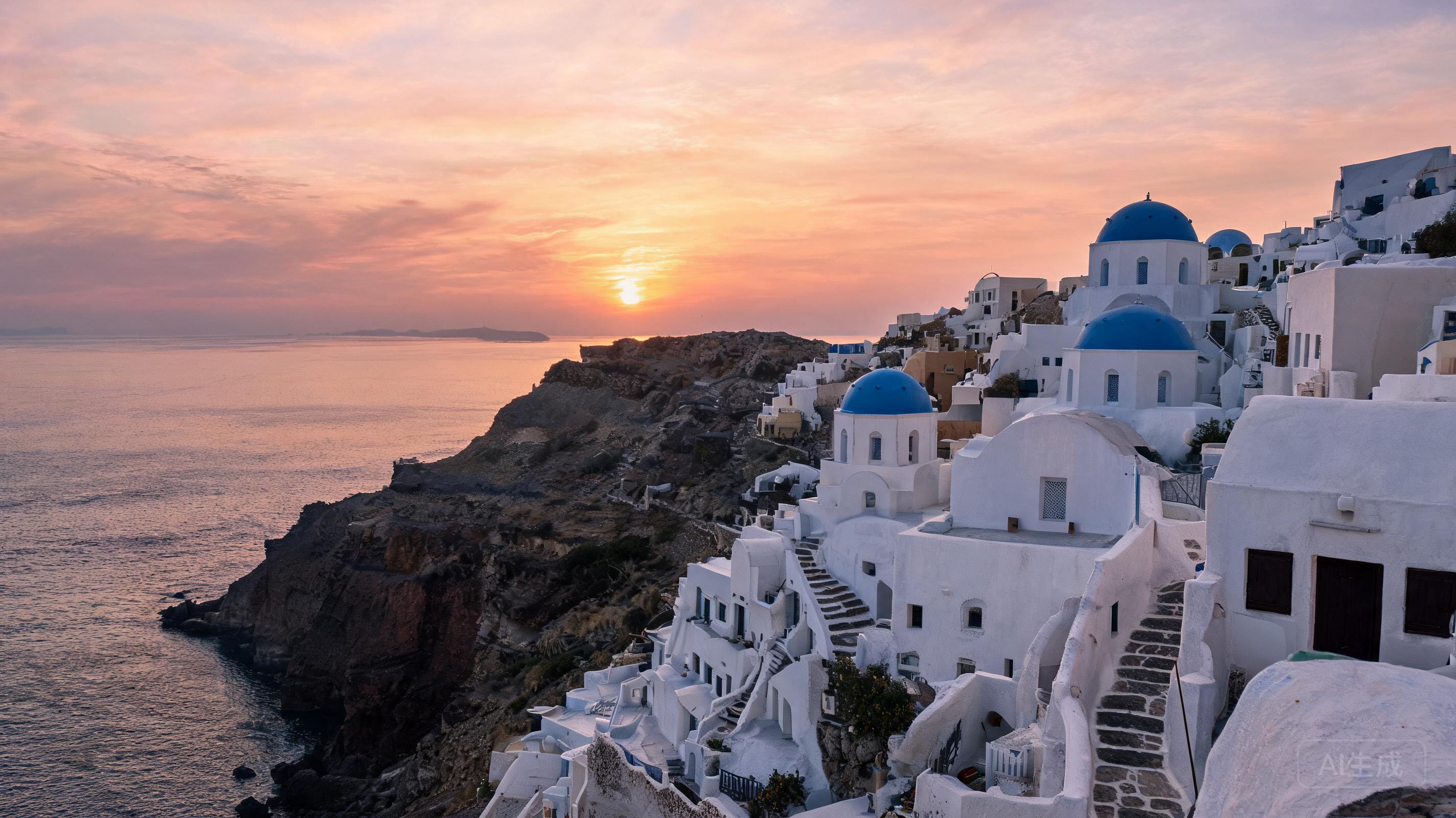 Ultra-realistic sunset photograph of Santorini Oia...
