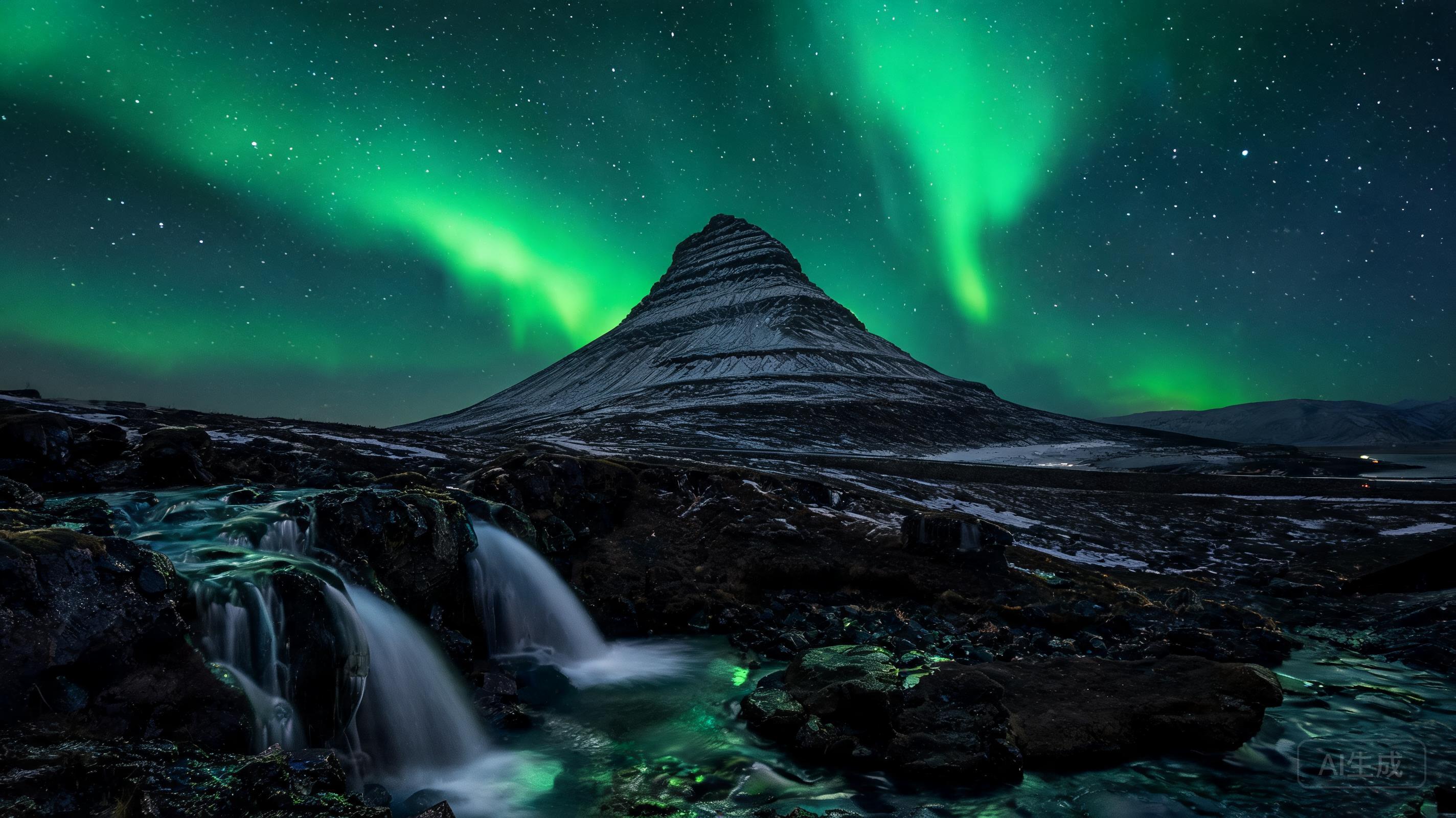 Ultra-realistic night landscape photograph of Kirk...