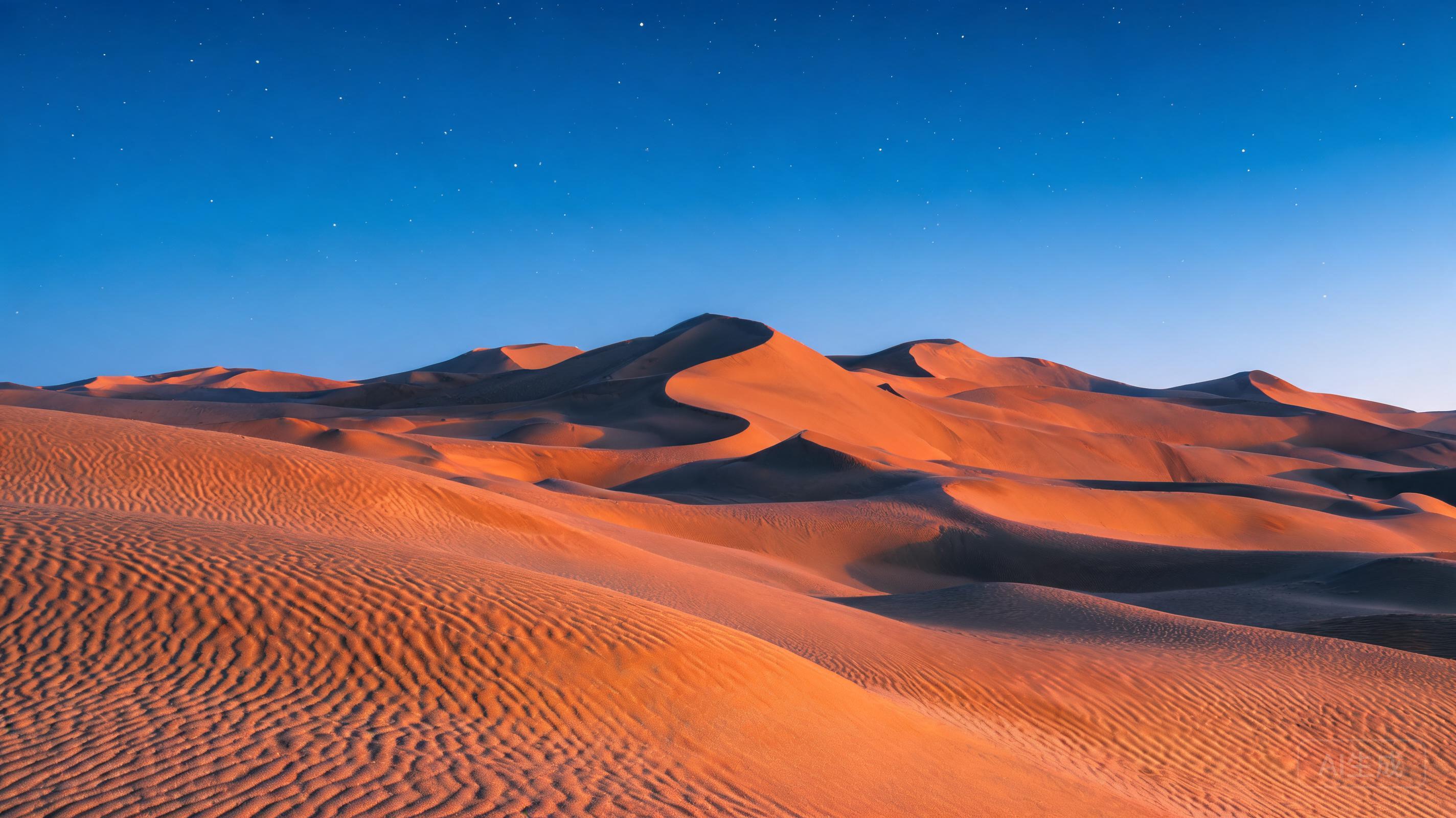 Ultra-realistic blue-hour photograph of Sahara dun...