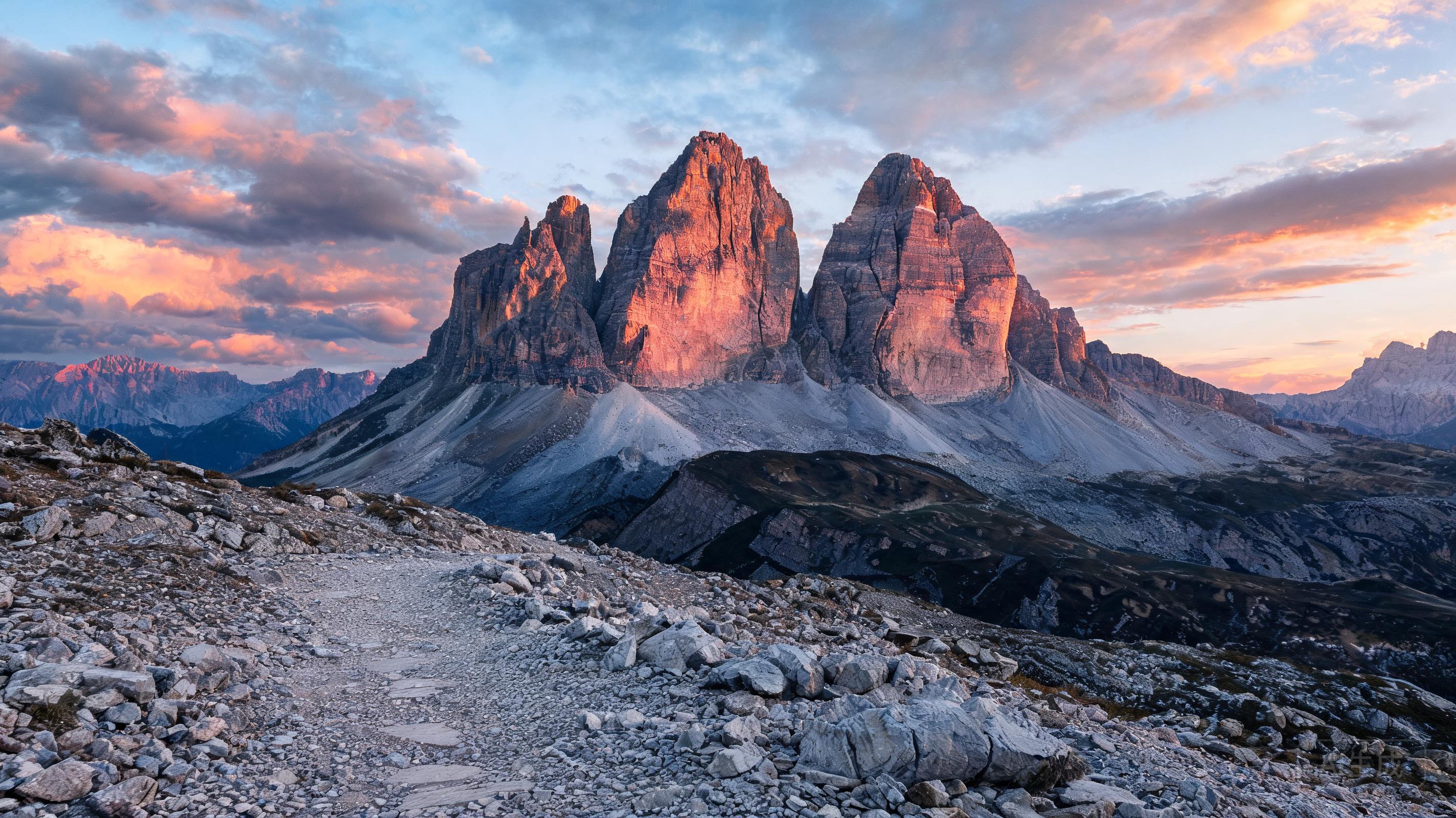 Ultra-realistic alpenglow photograph of Tre Cime d...