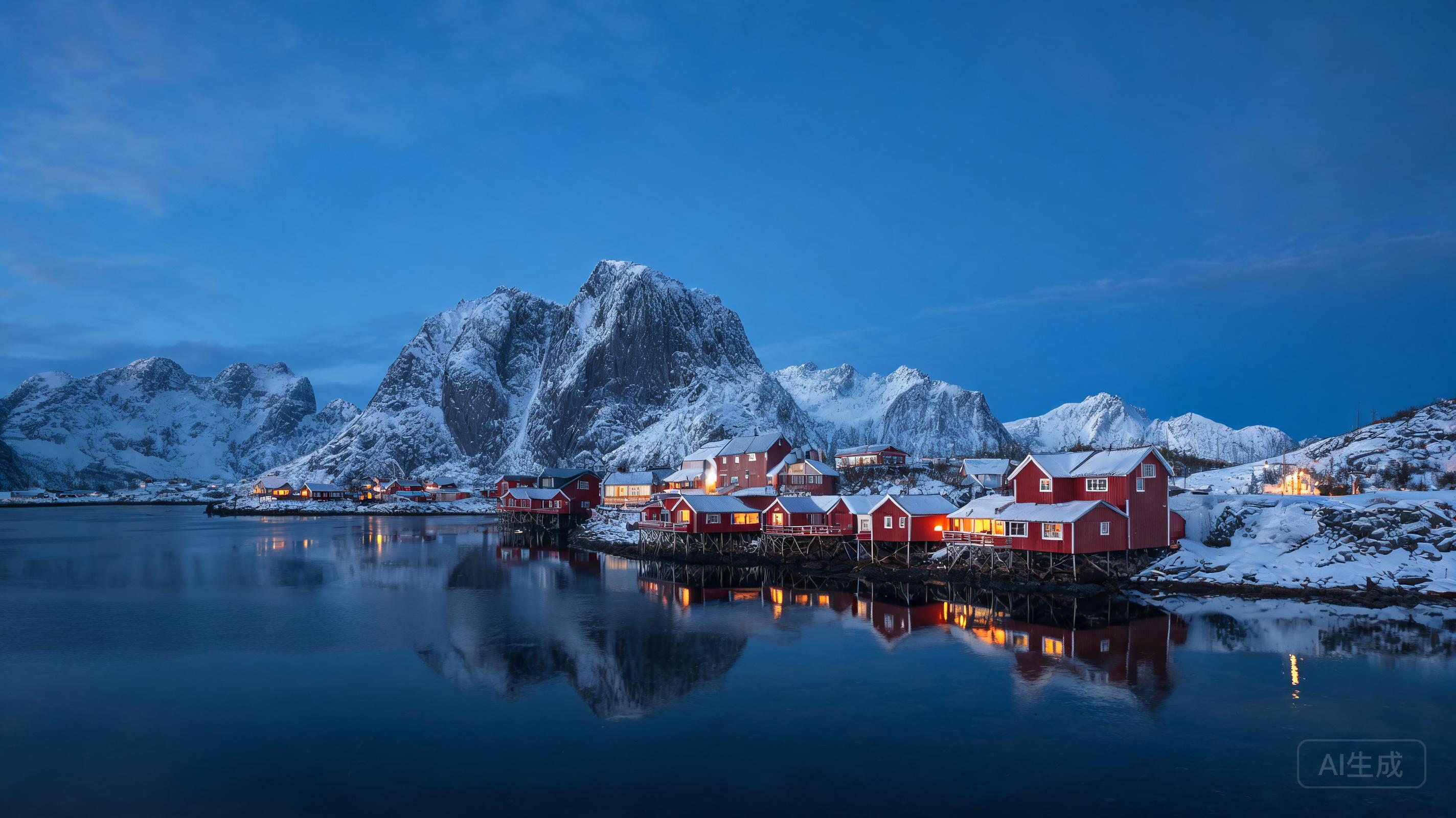 Ultra-realistic winter photograph of Reine village...